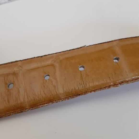 Vintage 80s Reptile Croco Belt Carmel Genuine Leather Gold Coin Buckle Sz L - Picture 5 of 11